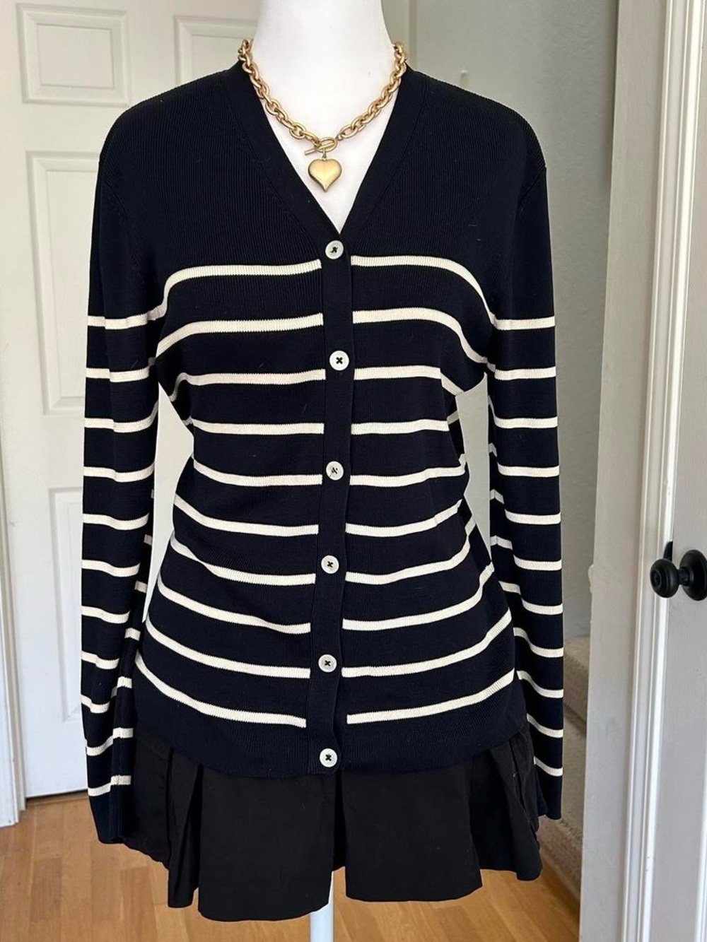 Striped V-Neck Cardigan Sweater - navy & white